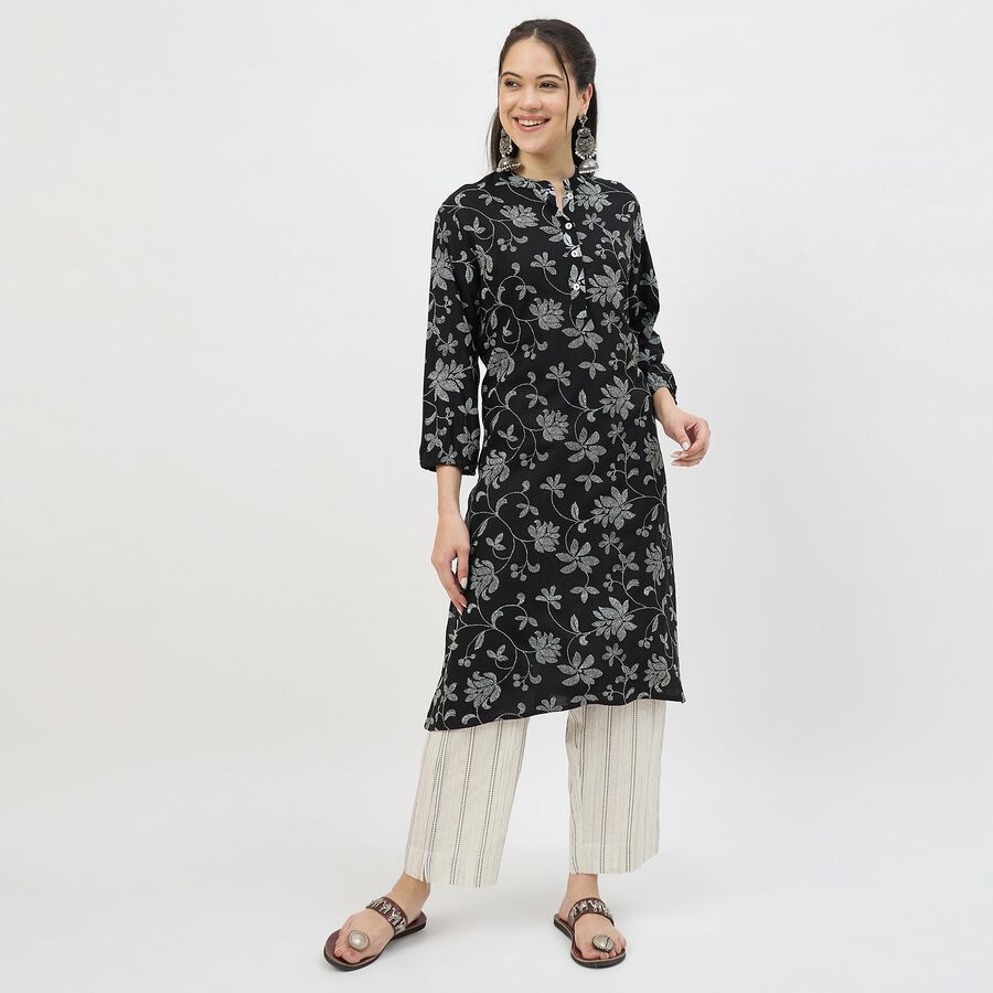 Women's Black Round Neck Straight Kurta, Black, large