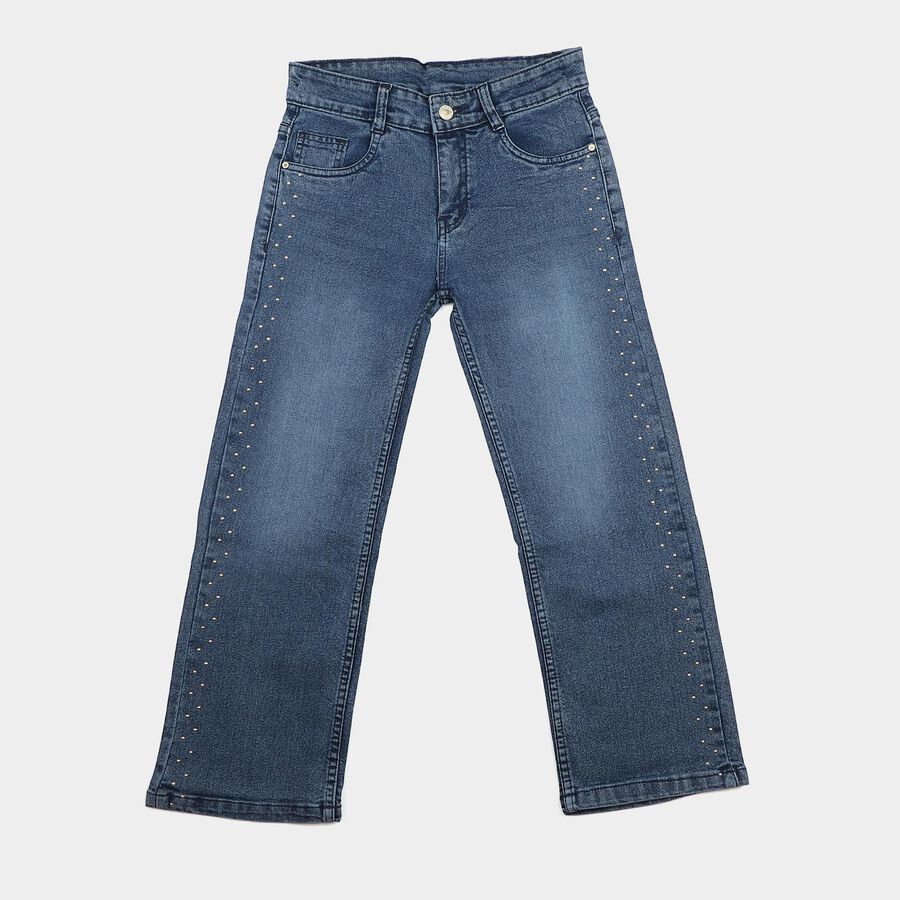 Girls Blue Bootcut Fit Studded Jeans, Melange Blue, large