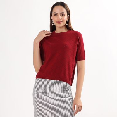 Women's Wine Red Crew Neck Casual Top