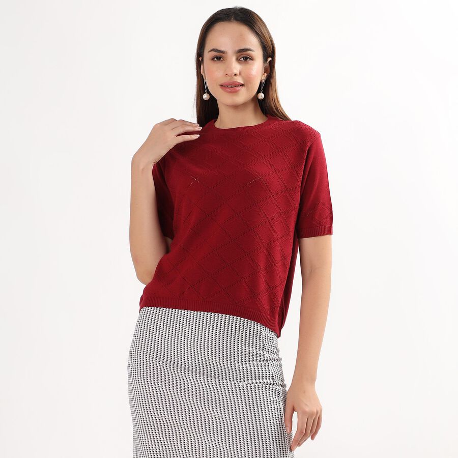Women's Wine Red Crew Neck Casual Top, वाइन, large
