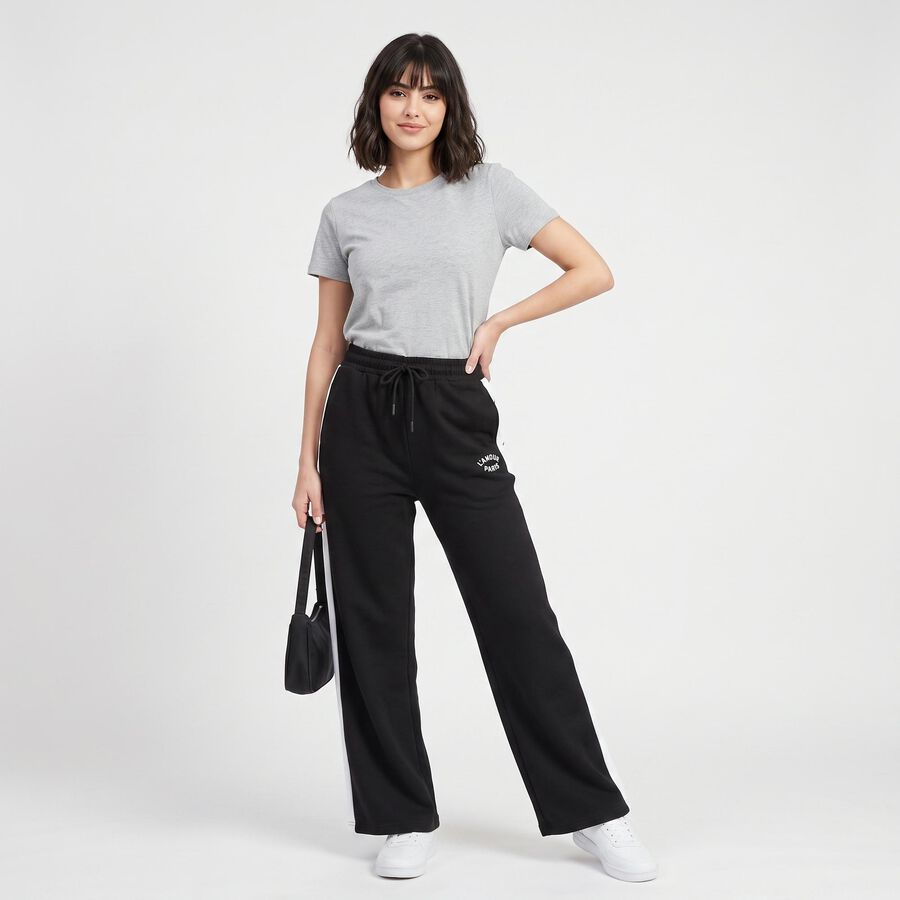 Women's Black Straight Fit Side-Striped Track Pants, Black, large
