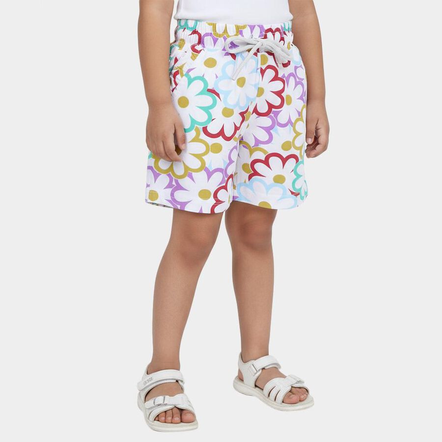 Girls' White Floral Cotton Elastic Waist Shorts, सफ़ेद, large