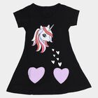 Girls' Black A-Line Unicorn Print Heart Patch Frock, काला, small