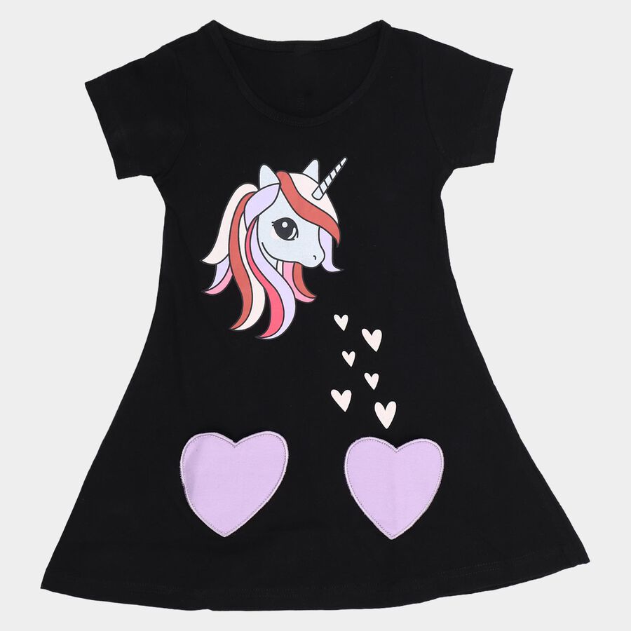 Girls' Black A-Line Unicorn Print Heart Patch Frock, काला, large
