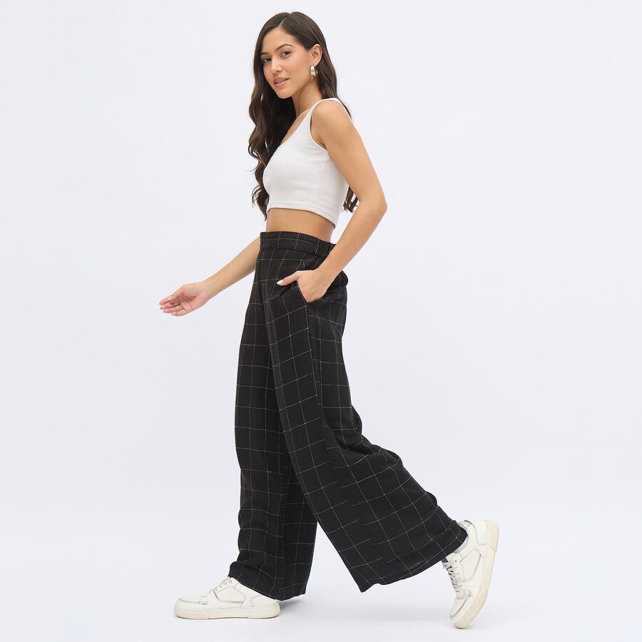 Women's Dark Charcoal Black High-Rise Checked Culottes, Black, large image number null