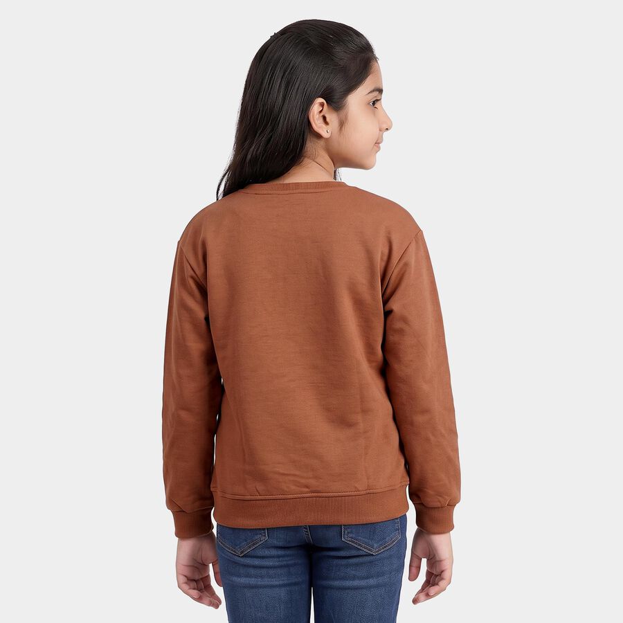 Girls' Brown Crew Neck Graphic Print Sweatshirt, भूरा, large