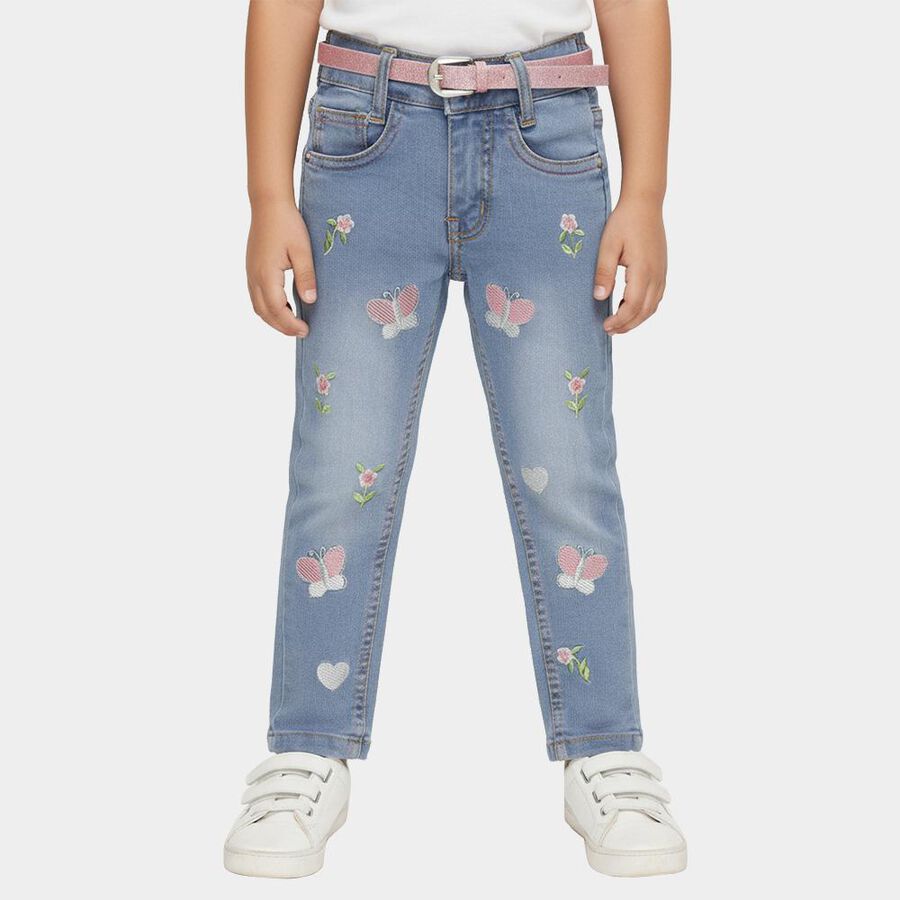Girls' Light Blue Regular Fit Embroidered Jeans, Mid Blue, large image number null