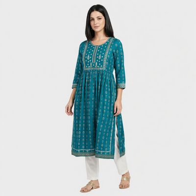 Women's Light Blue Round Neck Printed Flared Kurta