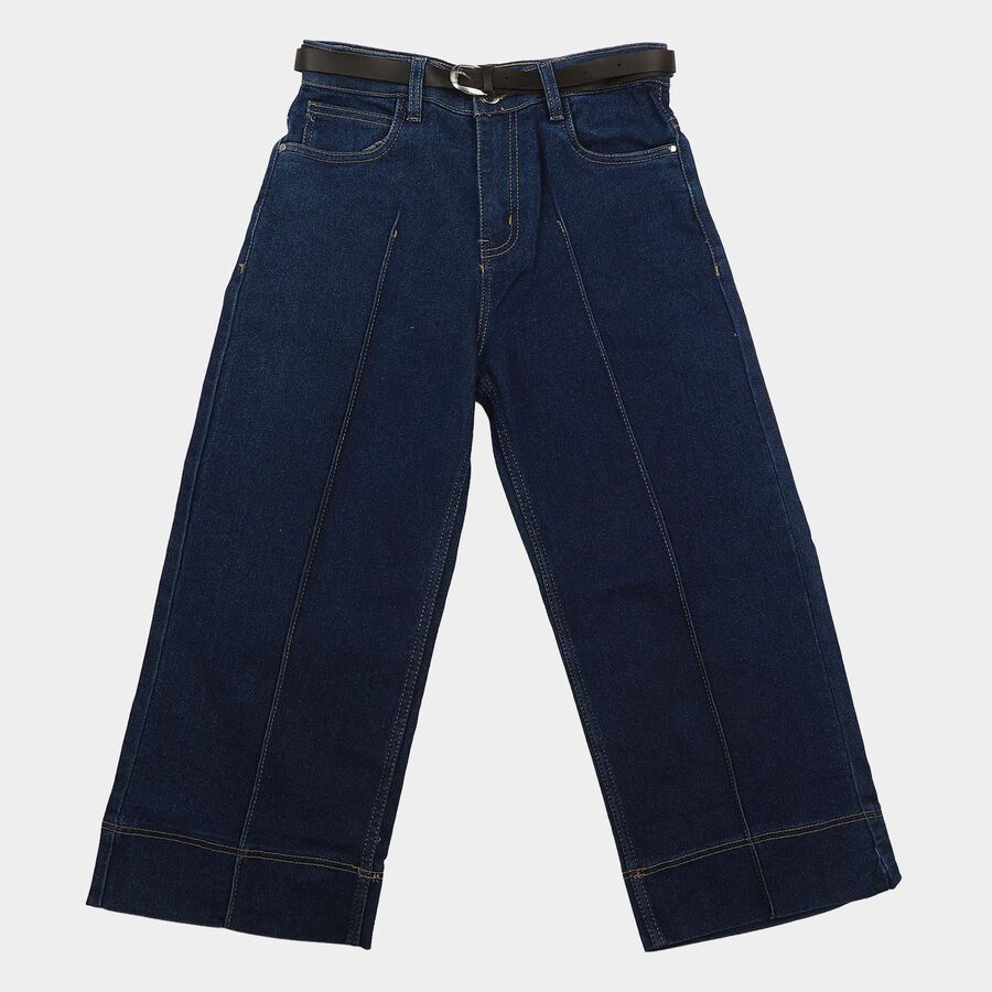 Girls' Navy Blue Wide Leg Seam Detail Jeans, मध्यम नीला, large