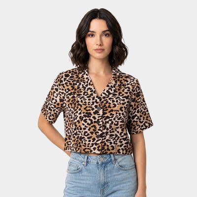 Women's Brown Animal Print Camp Collar Shirt
