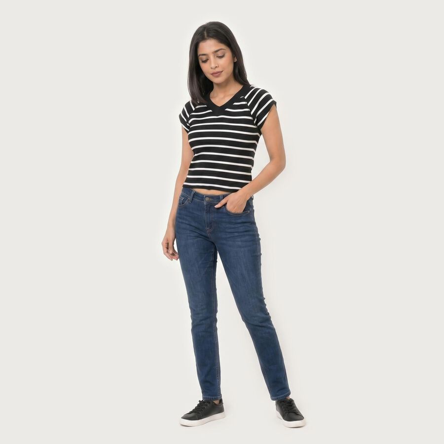 Women's Black V-Neck Regular T-Shirt, काला, large