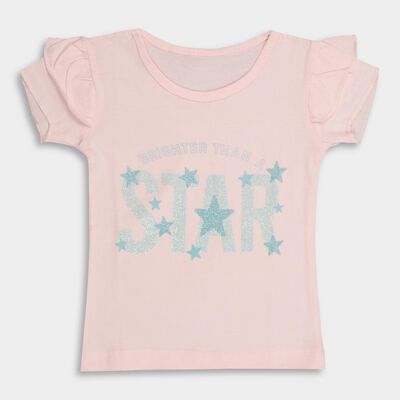 Girls' Light Pink Cotton Crew Neck Ruffle Sleeve T-Shirt
