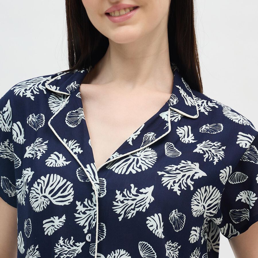 Women's Midnight Navy Blue Notch Neck Printed Night Suit, Navy Blue, large image number null