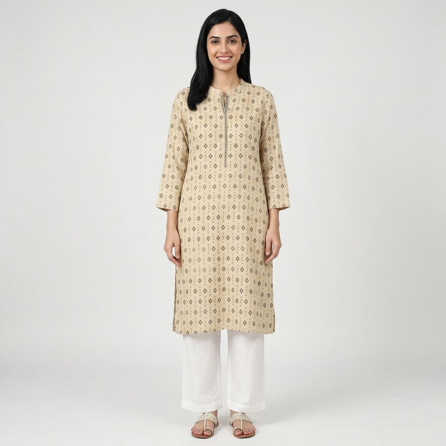 Women's Beige Kurta, गहरा पीला, large
