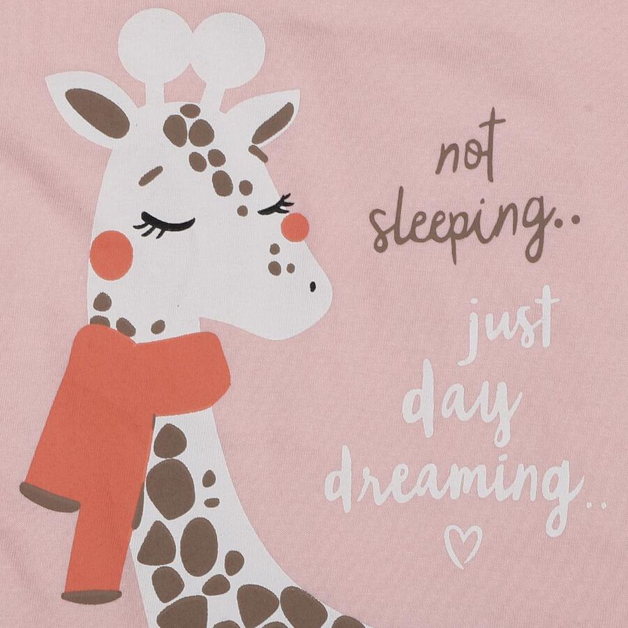 Girls Pink Cotton Round Neck Giraffe Print Night Suit, Light Pink, large