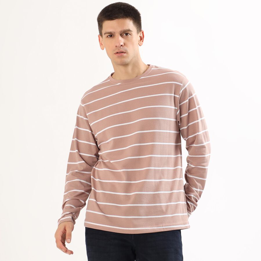 Men's Light Pink Crew Neck Striped T-Shirt, हल्का गुलाबी, large image number null