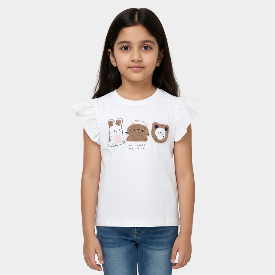 Girls Snow White Cotton Round Neck Casual T-Shirt, White, large image number null