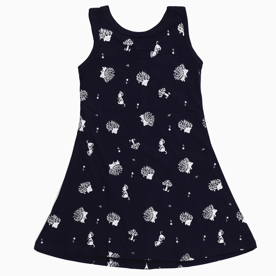 Girls' Navy Blue Printed Sleeveless A-Line Frock, Navy Blue, large image number null
