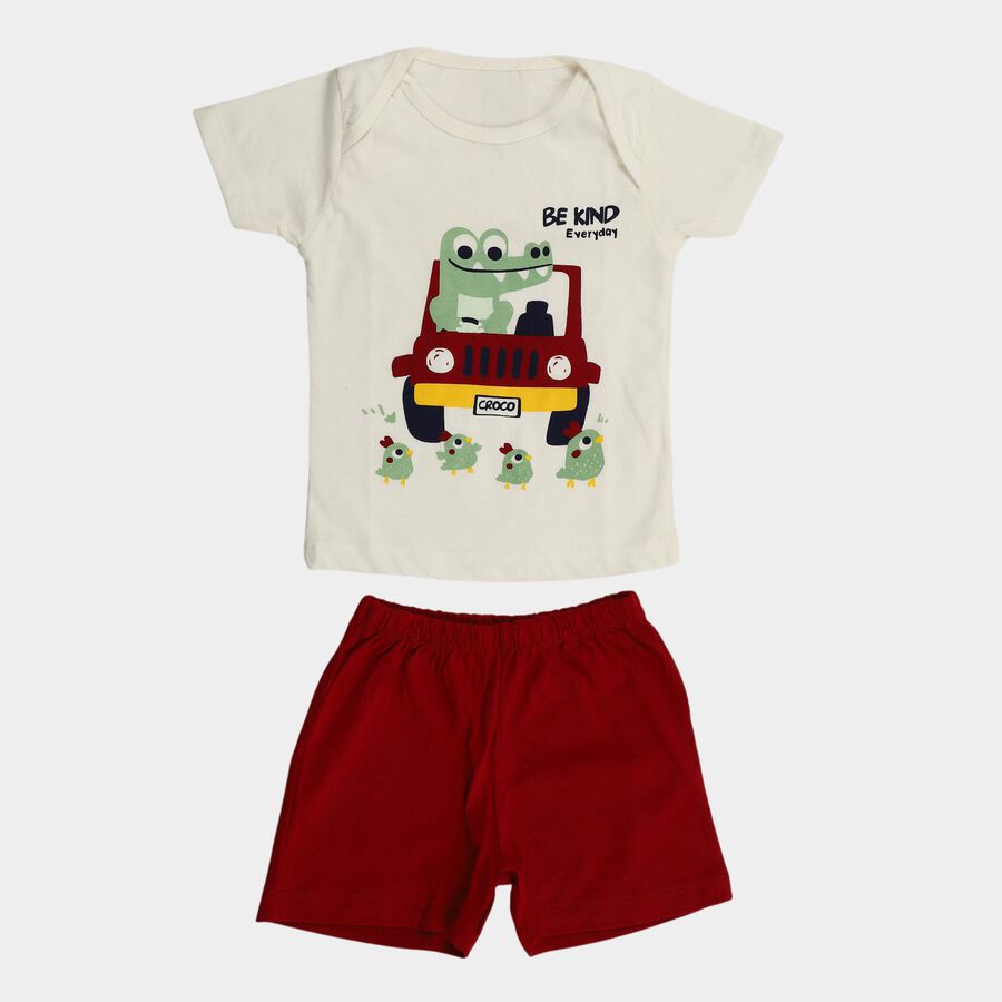 Infants' Red 100% Cotton Round Neck Printed Baba Suit, Red, large