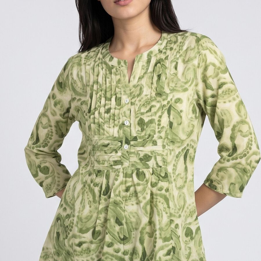 Women's Sage Green Mandarin Collar Printed Flared Kurti, हल्का हरा, large
