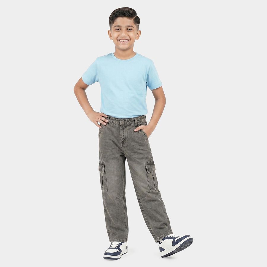 Boys Grey Straight Fit Cargo Jeans, हल्का ग्रे, large
