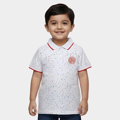 Boys' White Cotton Polo Neck Confetti Printed T-Shirt