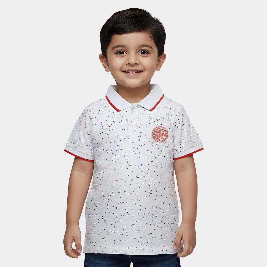 Boys' White Cotton Polo Neck Confetti Printed T-Shirt, White, large