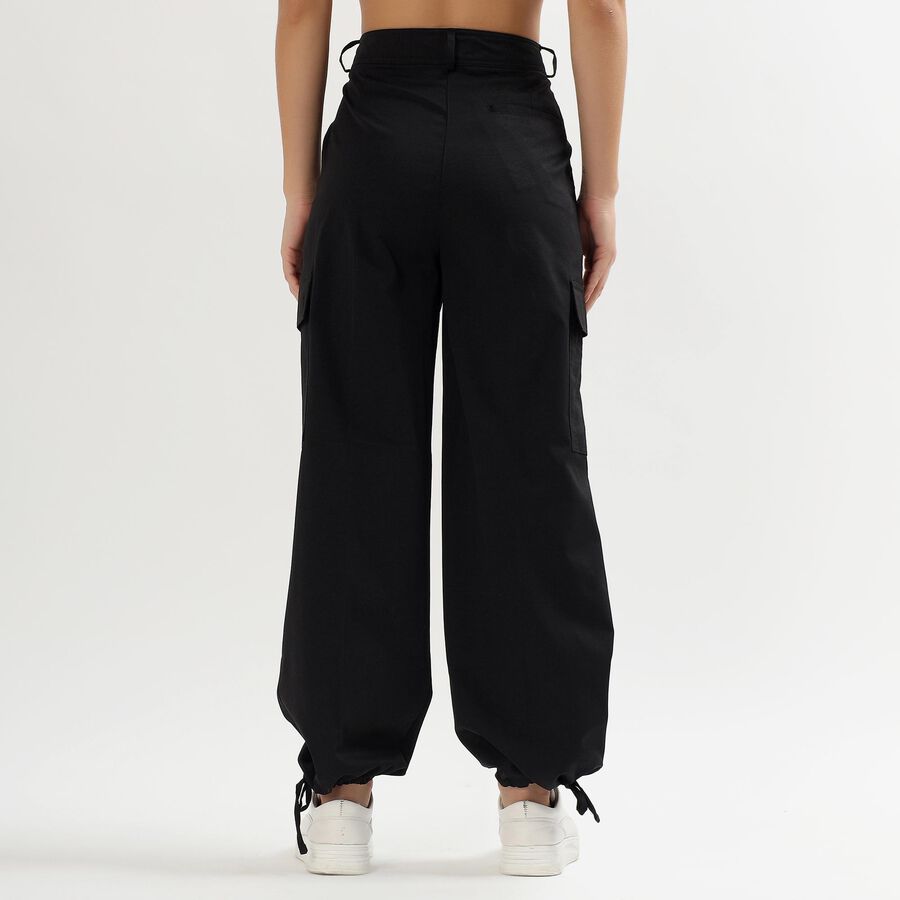Women's Jet Black Regular Fit Mid Rise Cargo Trousers, Black, large image number null