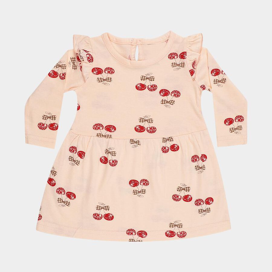 Infants' Soft Peach Cherry Print Long Sleeve Frock, पीच, large image number null