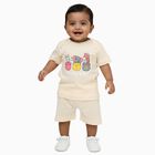 Infants' Beige Cotton Round Neck Graphic Baba Suit, Beige, small