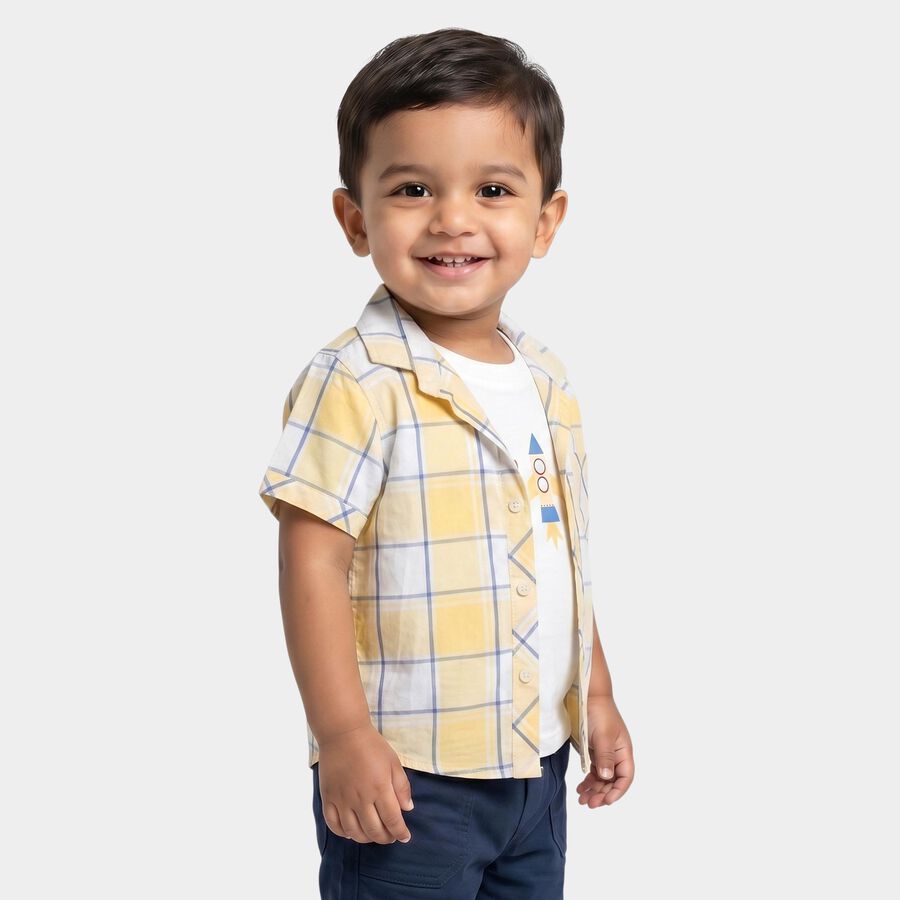 Infants Yellow Cotton Short Sleeves Collared Regular Fit Shirt, पीला, large
