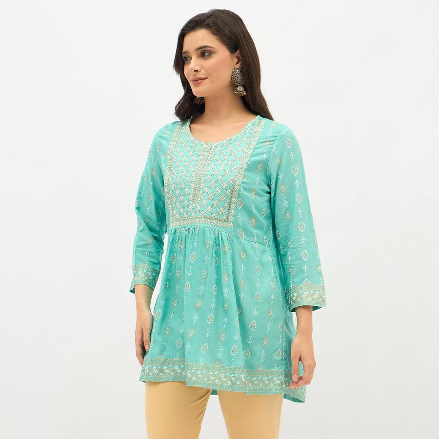 Women's Bright Aqua Blue Round Neck Embroidered Kurti, Aqua, large image number null