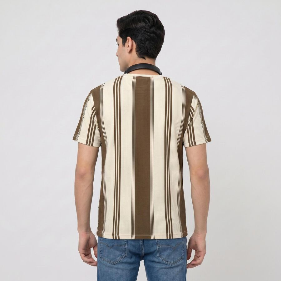 Men's Brown Round Neck Striped Regular T-Shirt, भूरा, large