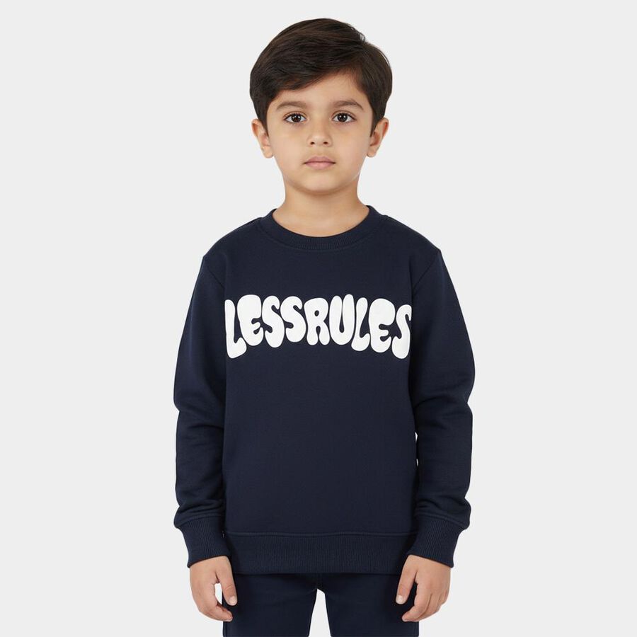 Boys Deep Midnight Navy Blue Crew Neck Casual Sweatshirt, Navy Blue, large