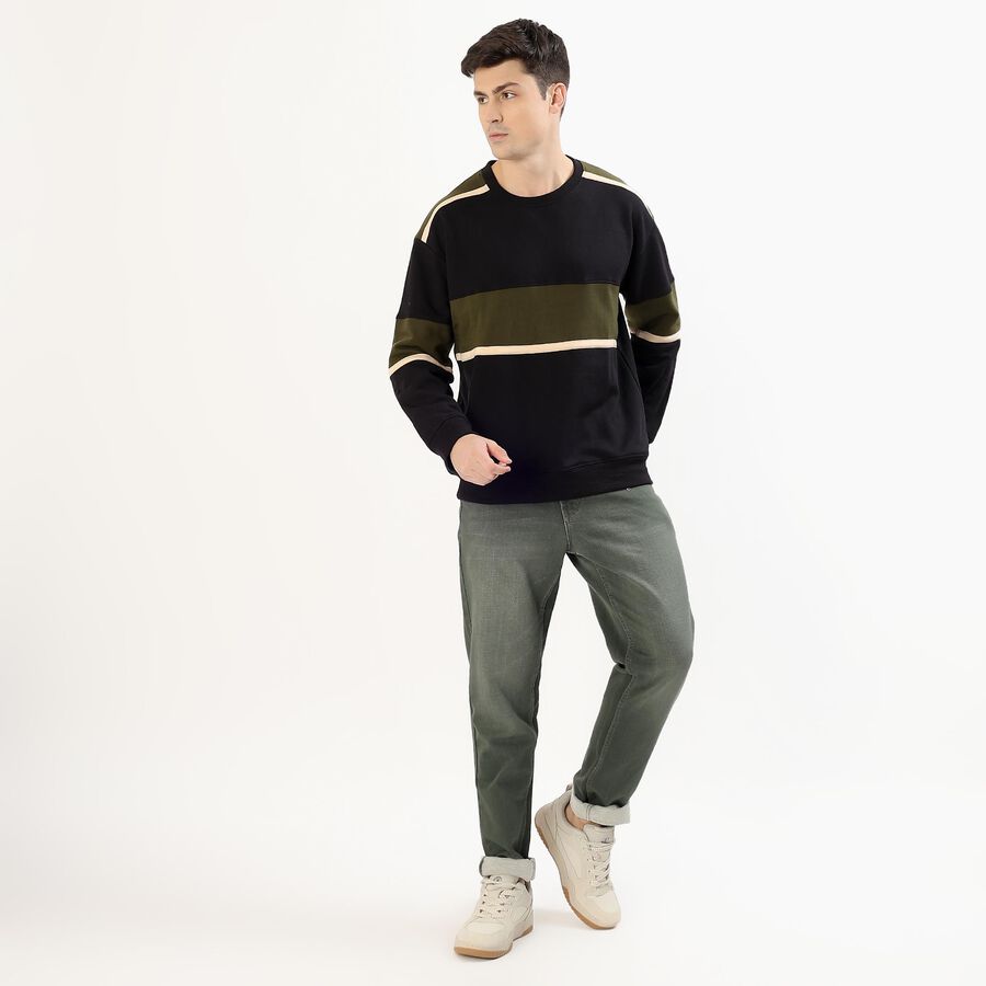 Men's Jet Black and Olive Green Crew Neck Casual Sweatshirt, काला, large image number null