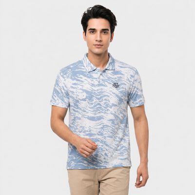 Men's Light Blue Cotton Polo Neck Printed T-Shirt