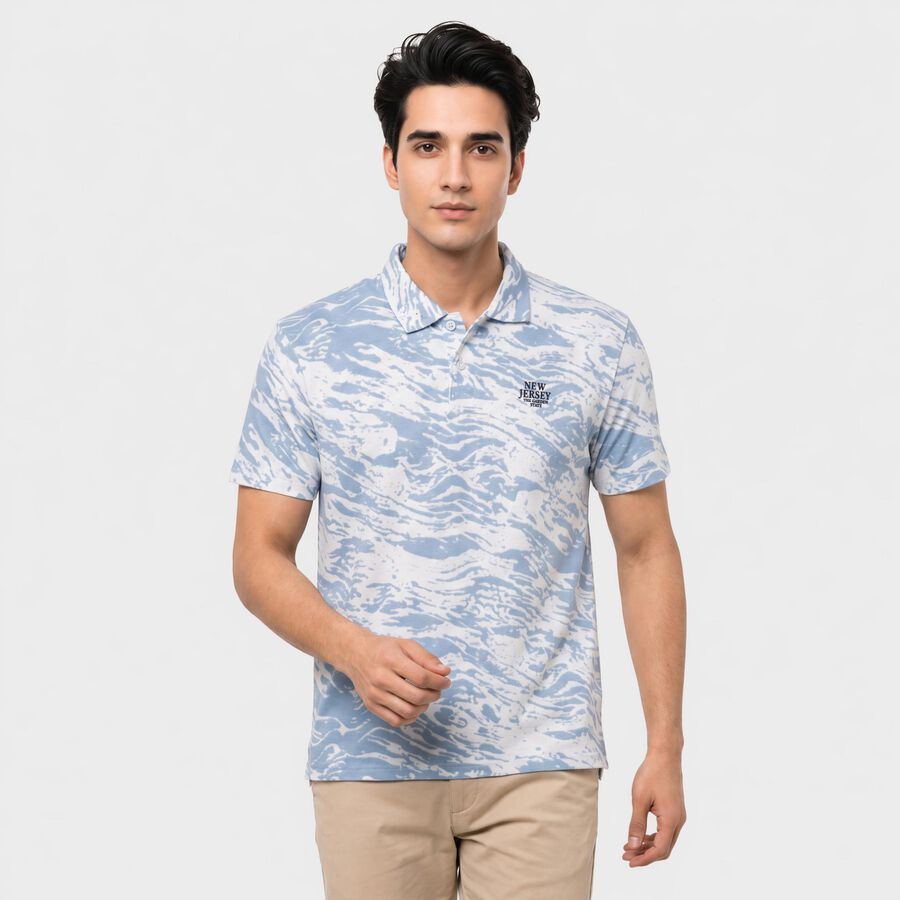 Men's Light Blue Cotton Polo Neck Printed T-Shirt, Light Blue, large