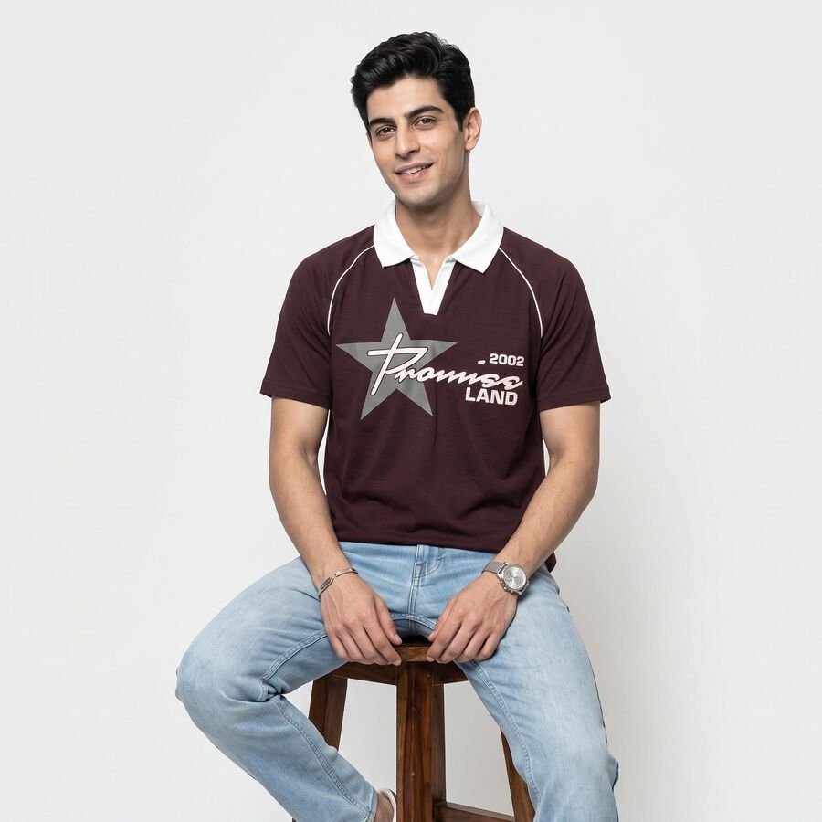 Men's Brown Polo Neck Graphic Print Polo T-Shirt, Brown, large