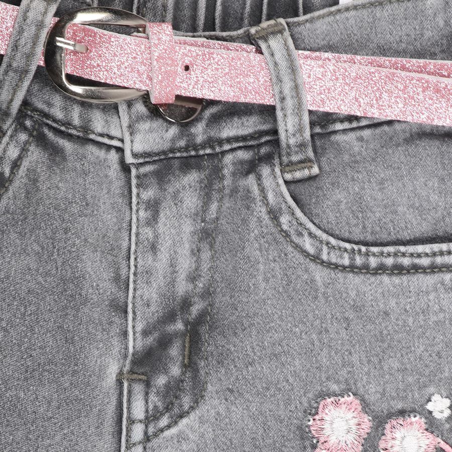 Girls' Stonewashed Grey Regular Fit Embellished Jeans, Light Grey, large image number null