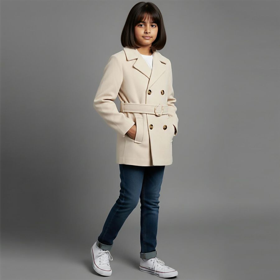 Girls' Beige Double-Breasted Jacket, ऑफ व्हाइट, large image number null