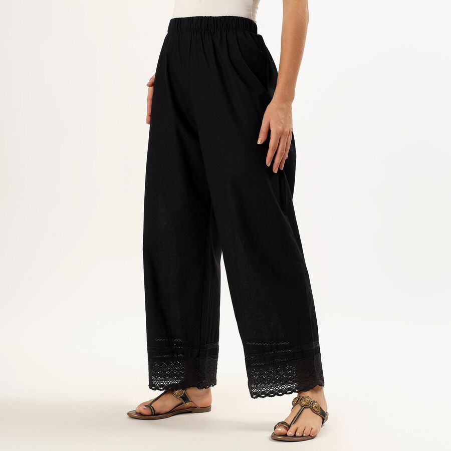 Women's Jet Black Regular Fit Lace Hem Palazzos, Black, large image number null