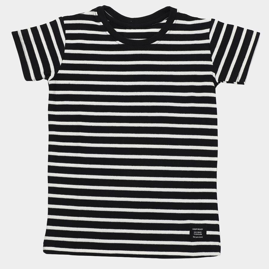 Boys Black Round Neck Casual T-Shirt, काला, large