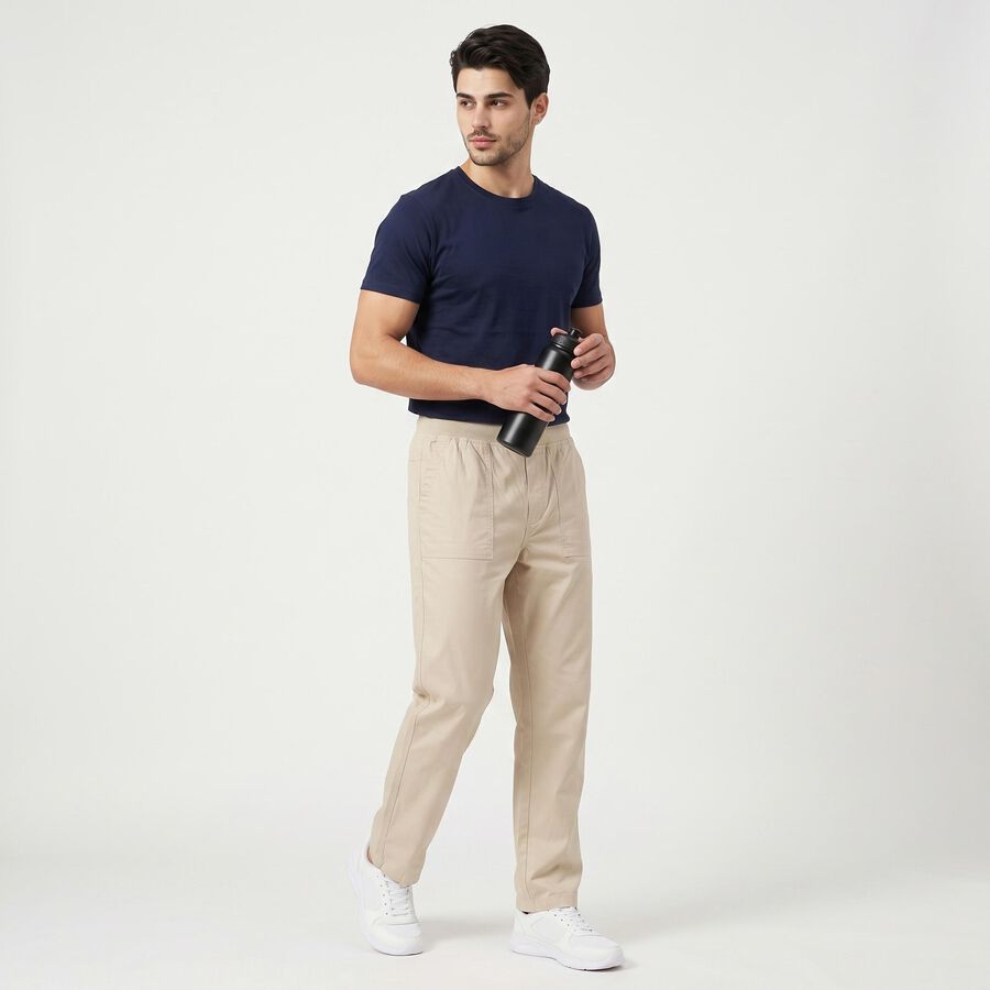 Men's Off White Slim Fit Elasticated-Waist Casual Trousers, ऑफ व्हाइट, large