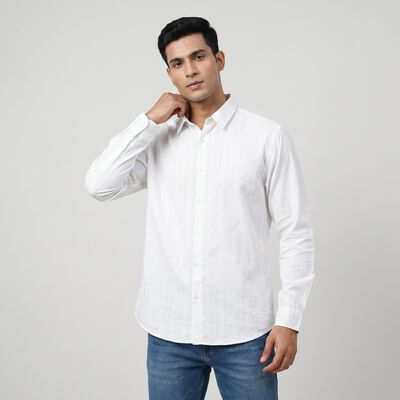 Men's White Cotton Long Sleeve Collar Regular Fit Shirt