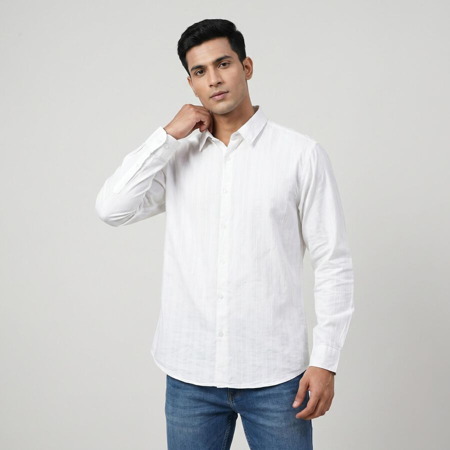 Men's White Cotton Long Sleeve Collar Regular Fit Shirt, ऑफ व्हाइट, large