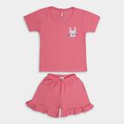 Infants' Bright Coral Pink Cotton Round Neck Casual T-Shirt and Shorts Set, Pink, small image number null
