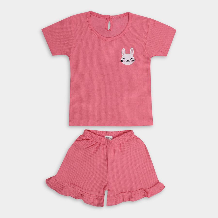 Infants' Bright Coral Pink Cotton Round Neck Casual T-Shirt and Shorts Set, Pink, large image number null
