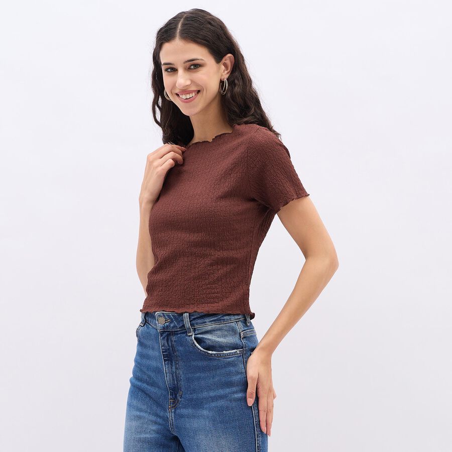 Women's Deep Brown Lettuce Edge Neckline Casual Top, भूरा, large image number null