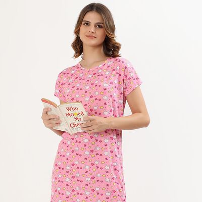 Women's Bright Pink Round Neck Casual Nighty