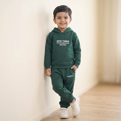 Boys Green Hooded Neck Graphic Printed Baba Suit